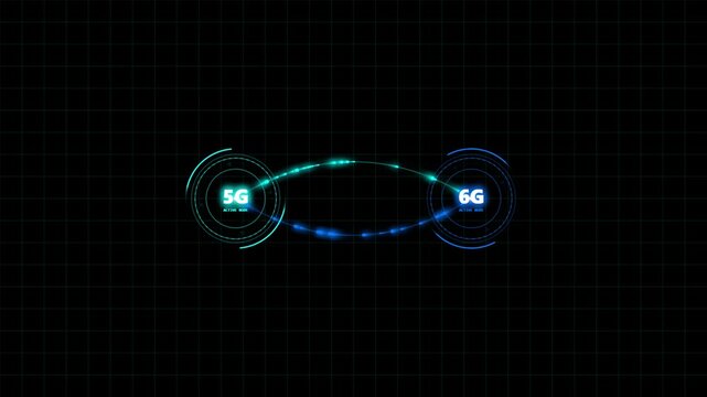 5G to 6G network upgrade animation, futuristic HUD data connection bridge loop 4k