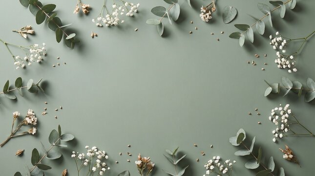 Minimal botanical flat lay featuring eucalyptus leaves, delicate white baby's breath flowers, dried botanical elements, and scattered seeds arranged around a muted sage green background. The spacious 