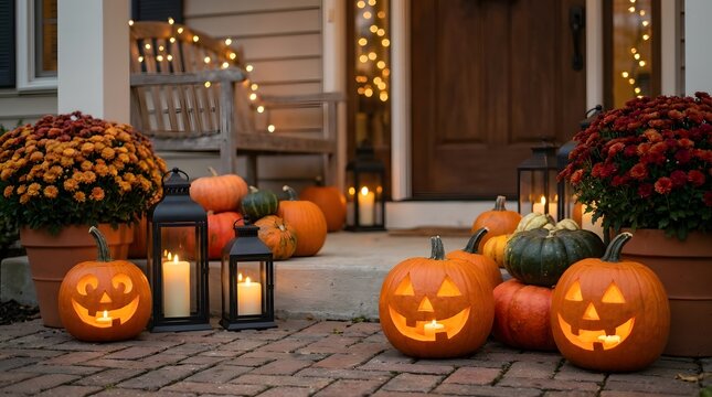 A beautifully decorated halloween porch showcases glowing jack o' lanterns autumnal flowers and festive seasonal ambiance