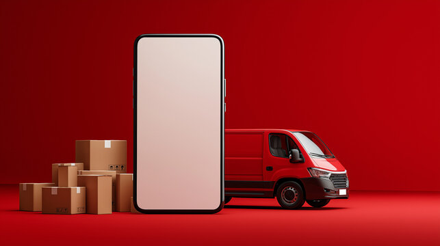 Smartphone with Blank Screen and Delivery Van on Red Background, 3D Rendering