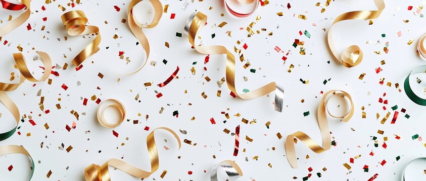 Pure celebration energy golden curled ribbons and multicolored confetti scattered across a clean white surface. Ideal for New Year, holiday, party invites, and event marketing designs.