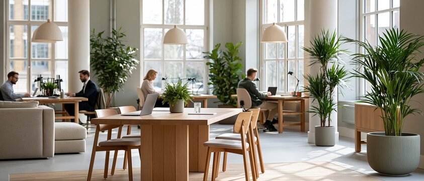 Productive professionals work independently in a light filled, Scandinavian inspired coworking space. Warm wood furniture, lush greenery, and pendant lamps create calm focus.