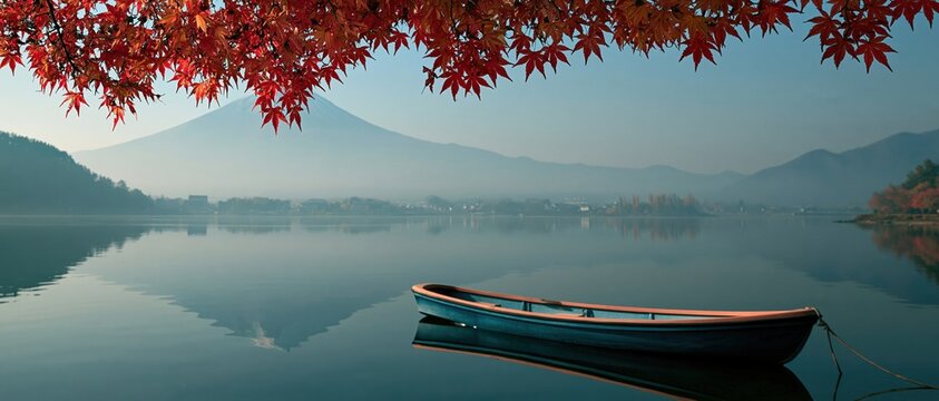 Bucket list tranquility frames this misty dawn scene at Lake Kawaguchiko a lone wooden boat drifts on mirror still water as crimson maple leaves frame iconic Mount Fuji, Japan.
