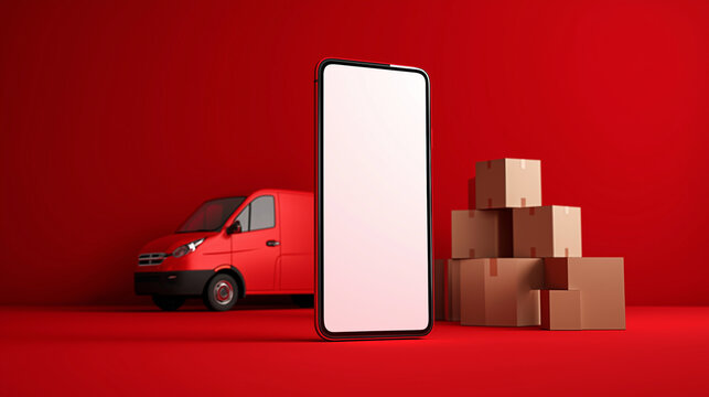 Smartphone with Blank Screen and Delivery Van on Red Background, 3D Rendering