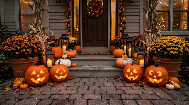 A beautifully decorated porch welcomes trick or treaters with glowing jack o' lanterns and autumnal charm