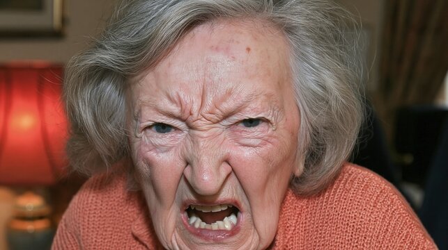 Close-up portrait of an angry elderly woman with a furious expression and gritted teeth, conveying strong negative emotion