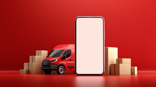 Smartphone with Blank Screen and Delivery Van on Red Background, 3D Rendering
