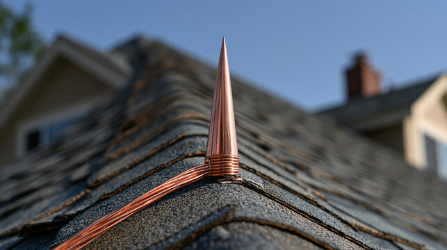 A shiny copper lightning rod stands mounted on a dark shingle roof under a blue sky. Ideal for home safety and electrical protection concepts.