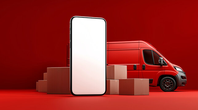 Smartphone with Blank Screen and Delivery Van on Red Background, 3D Rendering