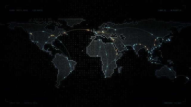 Dotted world map with glowing connection routes and moving data pulses between global hubs