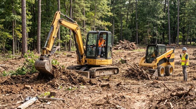 Construction workers operating heavy machinery like an excavator and a skid steer loader to clear land and remove tree stumps in a forested area for a new development project