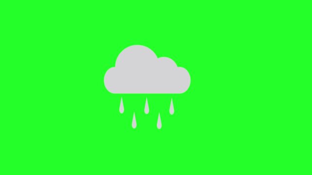 Rainy Cloud Weather Icon Animation Green Screen. Animated gray cloud with falling raindrops on green screen background. Essential motion graphic for rainy day forecasts, weather apps, and climate.
