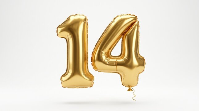 Golden 14 number balloon isolated on white background