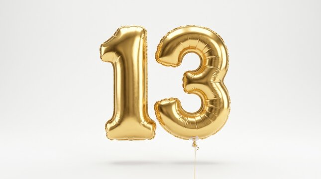 Golden 13 number balloon isolated on white background