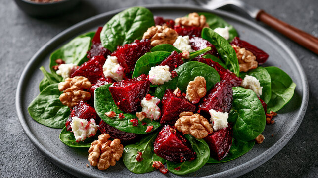 Fresh beet salad with spinach, walnuts, and goat cheese on a dark plate. Healthy vegetarian meal concept for restaurant menus.