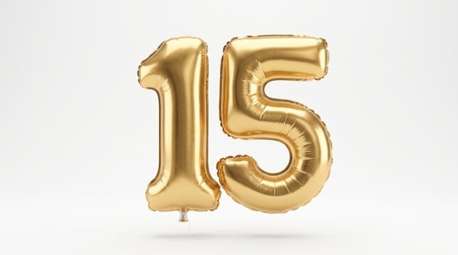 Golden 15 number balloon isolated on white background