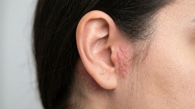 Close up view of a human ear showing signs of skin irritation or dermatitis