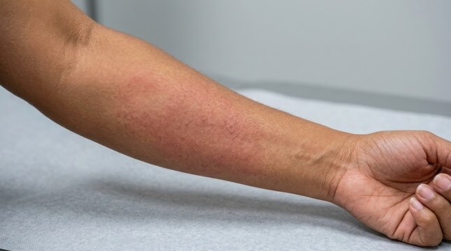 Close up of a human arm showing a red skin rash or allergic reaction