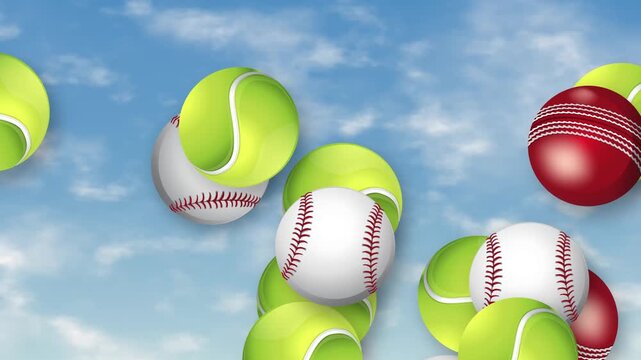 Animated Sports Balls Bursting and Floating Across a Blue Sky