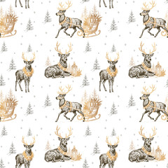 Vintage seamless pattern with christmas reindeer, antlers, fir trees and woodland botanical elements. Repeating wildlife background for wrapping paper, textile, wallpaper and rustic design © Julia