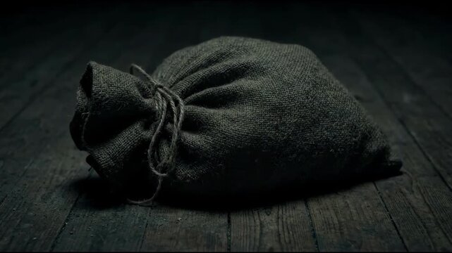Premium 4K  Burlap Sack Tied with Rope on Old Dark Wooden Floor in a Spooky Haunted Basement