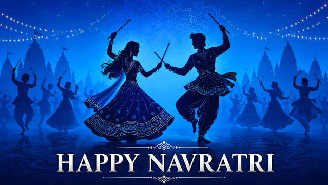 Happy Navratri blue banner template with silhouettes of couple performing Garba dance