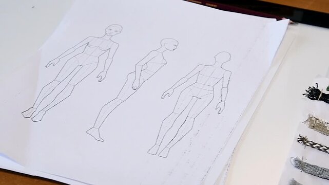 The process of creating and drawing a sketch of a clothing model and fabric selection.