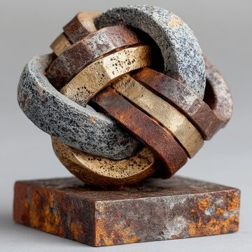 Artistic sculpture, featuring interwoven rings of contrasting textures, on a square, rusted base
