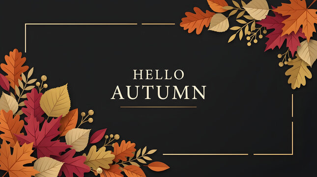 Hello autumn greeting card template with colorful fall leaves on a dark background