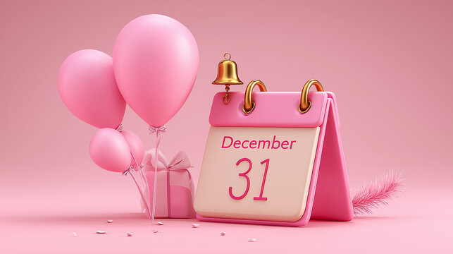 3D December 31 Calendar with Balloons, Fireworks and Notification Bell for New Year Planning