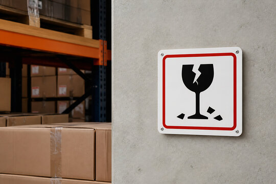 A warning sign depicting a broken glass object is mounted on a concrete wall in what appears to be a warehouse setting.