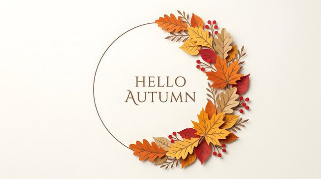 Hello autumn circular floral frame with fall leaves on a white background autumn wreath seasonal design