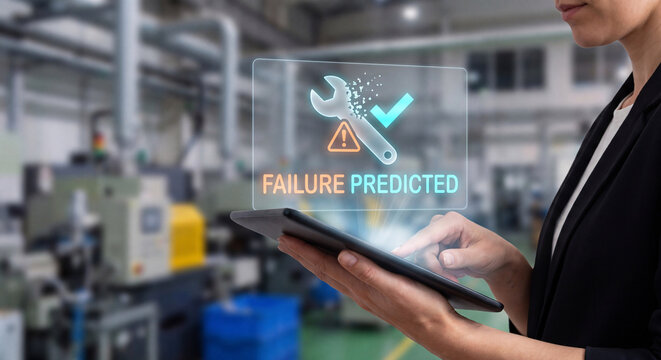reliability engineer holds glowing predictive maintenance interface above tablet to confirm failure predicted, verify part condition, and manage service alert