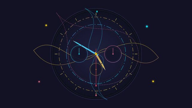 Abstract astronomical clock animation with rotating watch hands and geometric orbit lines, futuristic chronograph time mechanism motion graphic on dark background