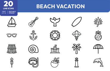Naklejka premium Beach Holiday sailboat, guitar, whale, surfboard, palm, drink, umbrella, snorkel, seashell. Editable stroke. Vector illustration.
