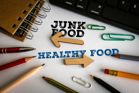 JUNK FOOD Versus HEALTHY FOOD Choice With Directional Arrows