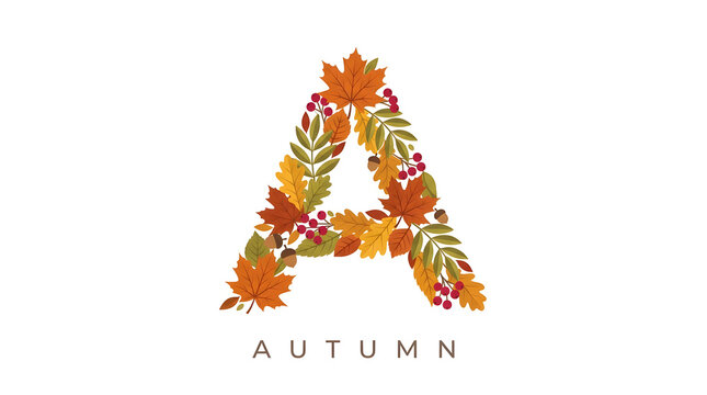 Letter a formed by colorful autumn leaves and berries with autumn typography below