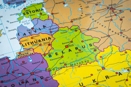 Political map of Belarus surrounded by the Baltic States, Poland, Ukraine and Russia