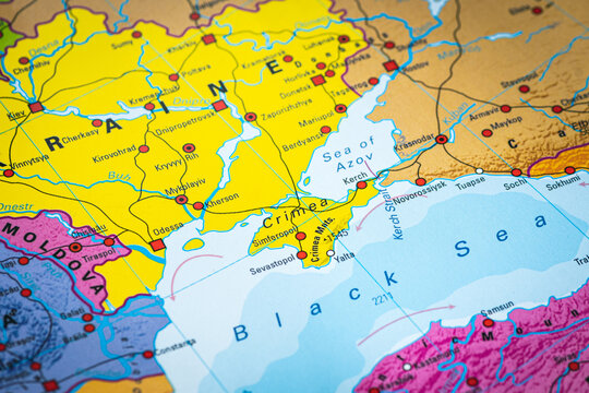 Political map of Crimea peninsula surrounded by the Black Sea and the Sea of Azov