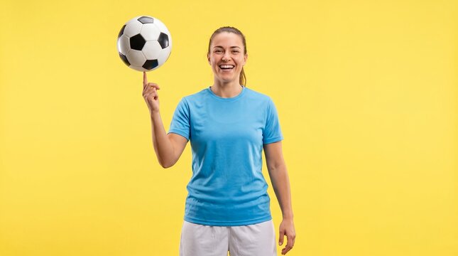 Women soccer player balancing football ball yellow studio smiling skill spins the ball on one finger with a cheerful expression against a bright backdrop for concepts of strength and resilience