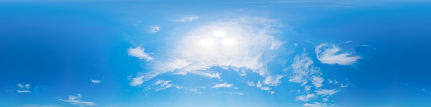 Sky panorama clouds seamless spherical sky dome with bright sun and cirrus clouds for 3D visualization and rendering