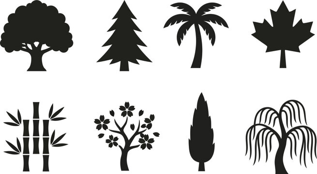 Set of black silhouette icons representing various types of trees and plants on a white background