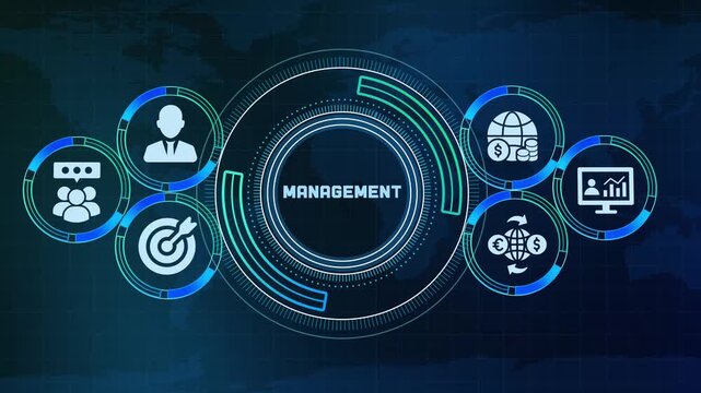 Corporate management concept on digital interface with target, chart, and team icons.