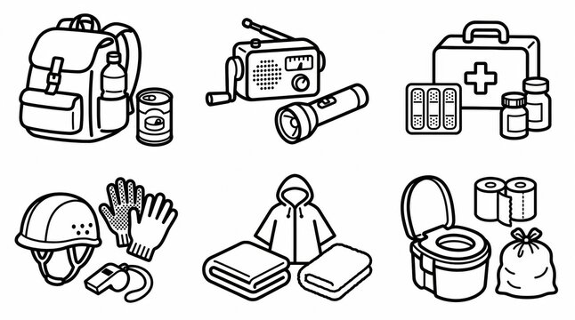 Japanese emergency evacuation supplies icon set