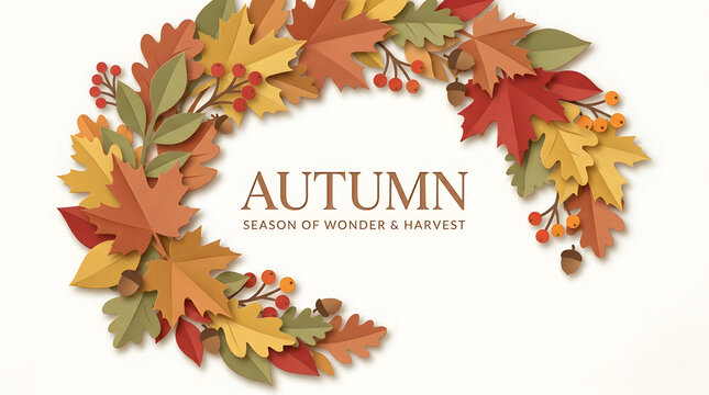 Autumn greeting card template featuring a circular wreath of colorful fall leaves and acorns