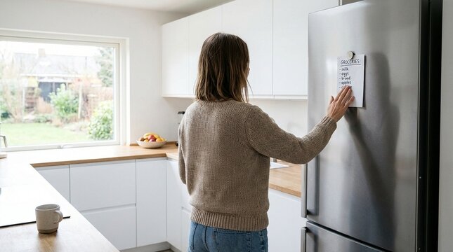 Woman with long brown hair standing indoors looking at a modern refrigerator panel, kitchen setting, domestic routine, household chores, modern home life, clean aesthetic shots