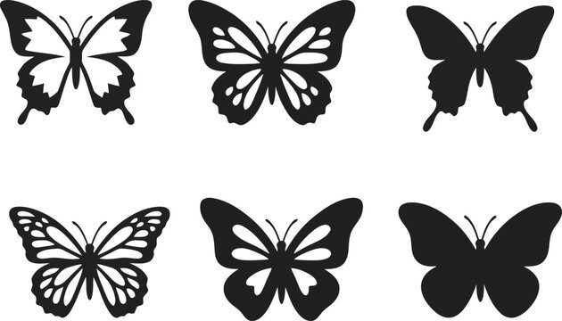 A collection of black and white butterfly silhouettes and line art designs for creative graphic projects