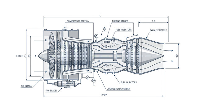 Jet Engine Blueprint Technical Drawing Isolated