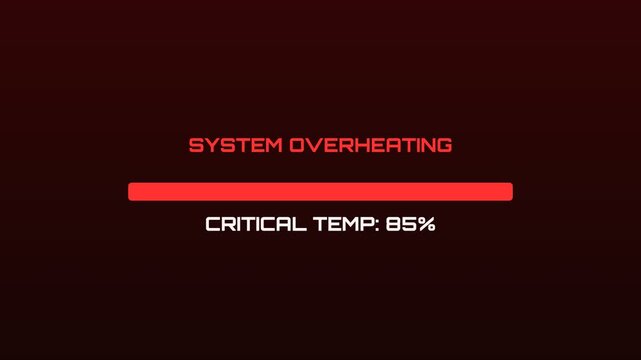 Animated "System Overheating" warning with a dynamic red progress bar rapidly filling, displaying "Critical Temp" percentage increasing from 0% to 85% on a dark digital background