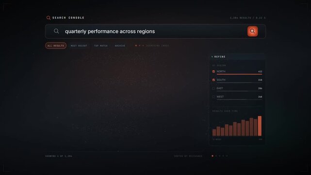 Dark search console interface ranking result cards with relevance scores and refine filters